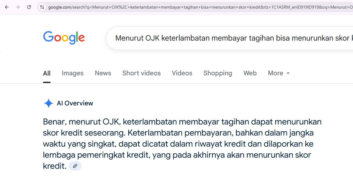 kutipan OJK di Google AI Overview tentang keterlambatan bayar kewajiban
