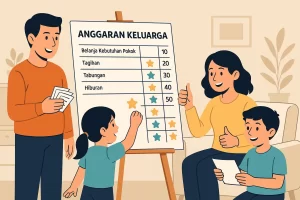 Ilustrasi keluarga gamifikasi menabung